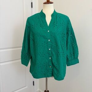 J. Jill Eyelet Button-Front Top In Aegean Green Size XL Peasant Cottagecore